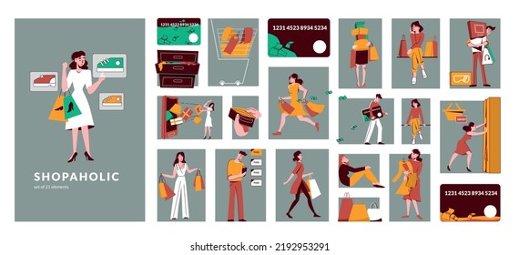 Shopaholic flat composition consisting from separate rectangular illustrations of male and female characters holding bags with purchases isolated vector illustration