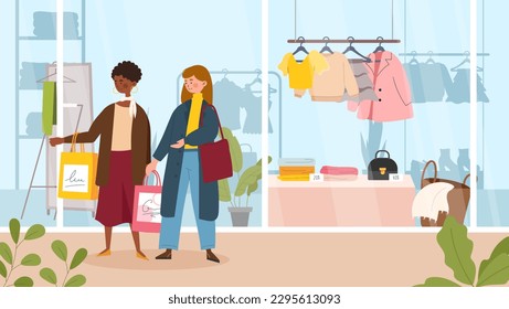 Shopaholic friends walking. Women with bags go to store or supermarket and buy clothes. Fashion clothes seasonal sale. Girls walk through mall. Boutique and atelier. Cartoon flat vector illustration