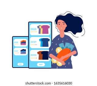 Shopaholic. Girl and online shopping. Woman holding wallet with money. High financial costs vector concept