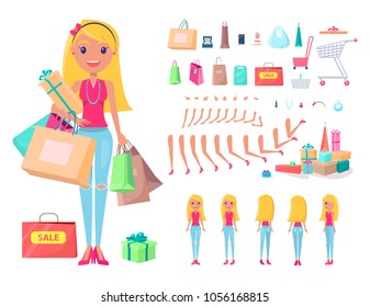 Shopaholic girl with shopping bags and carts set. Girl holds big heavy bags with purchases. Woman shopaholic constructor isolated vector illustration.