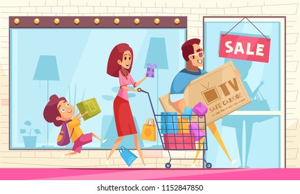 Shopaholic horizontal composition with storefront with sale sign and cartoon characters of family members with goods vector illustration