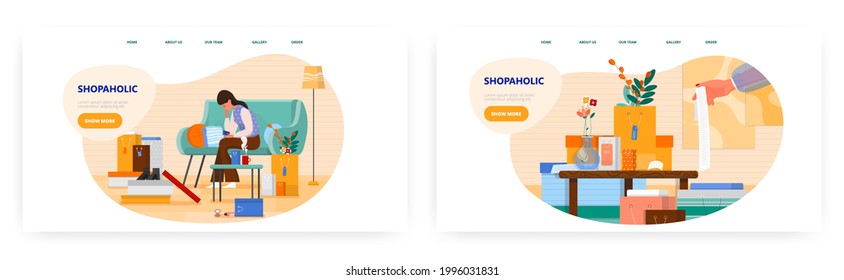 Shopaholic landing page design, website banner vector template set. Woman with credit card, shopping bags, receipts.