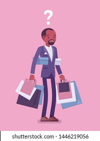 Shopaholic man buying too much. Anxious guy shopping with addiction, suffer from obsession of purchases, feeling distress, shame or guilt after abnormal impulse. Vector flat style cartoon illustration