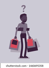 Shopaholic man buying too much. Anxious guy shopping with addiction, suffer from obsession of purchases, feeling distress, shame, guilt after abnormal impulse. Vector illustration, faceless character