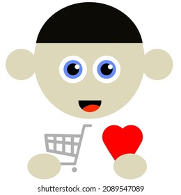 shopaholic man face with shopping cart and red heart, happy face