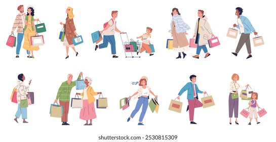 Gente adicta a las compras. Los compradores llevan bolsas de compras, compradores felices alegría de compra regalo de embalaje descuento venta al por menor tienda de centro comercial, consumidores locos tienda Clientes con clase Ilustración vectorial obra de arte original