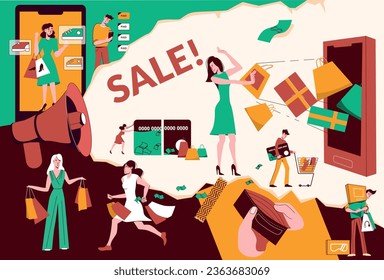 Shopaholic shop addiction flat collage composition different situations a woman spends her last money on things vector illustration