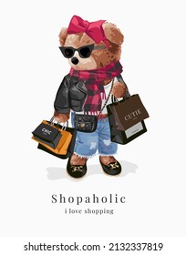 shopaholic slogan with fashion bear doll with shopping bags vector illustration