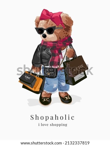 shopaholic slogan with fashion bear doll with shopping bags vector illustration Сток-фото © 