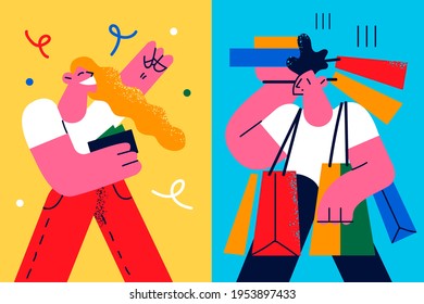 Shopaholic, spending money concept. Sad man cartoon character standing overloaded with shopping bags with wife shopaholic during weekend shopping after buying new clothes vector illustration 