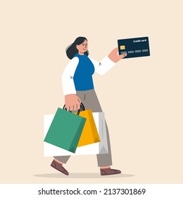 Shopaholic, spending money concept. Young girl holding bags. Fast fashion, consumerism and over consumption concept. Big sale, discount, fashion. Vector illustration