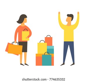 Shopaholic woman buying too much. Angry husband. Shopping addiction vector illustration