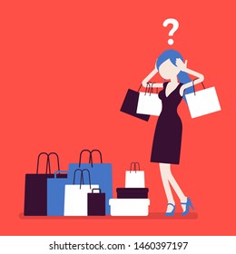 Shopaholic woman buying too much. Young anxious girl shopping with addiction, suffer from obsession of purchases, feeling distress, shame or guilt after. Vector illustration, faceless character