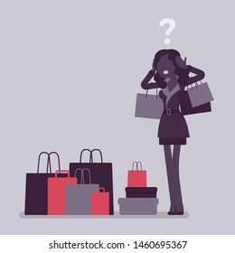 Shopaholic woman buying too much. Young anxious black girl shopping with addiction, suffer from obsession of purchases, feeling distress, shame or guilt after. Vector illustration, faceless character