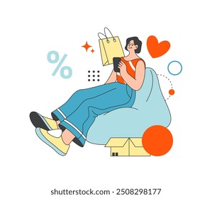 Mujer adicta a las compras comprando productos en línea usando un teléfono inteligente desde casa. Personaje de dibujos animados plano de Vector esperando orden, entrega de la tienda o tienda. Artículos en Precio con descuento