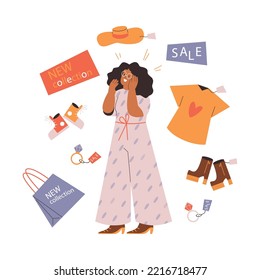 Shopaholic Woman Compulsively Buying Fast Fashion Items Flat Cartoon Vector Illustration Isolated On White Background. Fast Fashion And Unconscious Consumption.