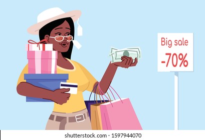 Shopaholic woman flat color vector illustration. Compulsive buying disorder. Young stylish african american girl with shopping bags seeks discounts isolated cartoon character on blue background