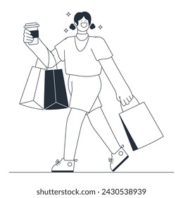 Mujer adicta a las compras con ilustración de contorno de sonrisa feliz