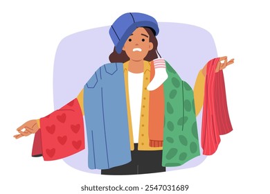 Una mujer adicta a las compras guarda mucha ropa, sintiéndose avergonzada debido a la falta de habilidades para elegir su atuendo. Chica adicta a las compras compró muchos pantalones y camisetas innecesarios debido a la enfermedad del consumidor