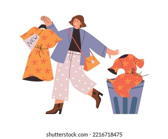 Shopaholic Woman Makes Rash Purchases. Unconscious Consumer Behavior And Fast Fashion Concept, Flat Cartoon Vector Illustration Isolated On White Background.