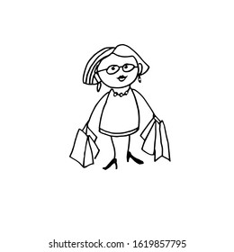 a Shopaholic woman with shopping bags in both hands. Cartoon character, Stick figure, Doodle illustration. vector