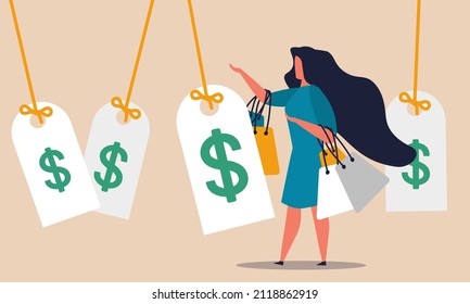 Shopaholic woman and shopping promotion. Offer to purchase gift and special advertising fashion sale vector illustration concept. Customer female and stylish market online. Merchandise price discount