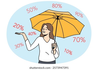 Shopaholic woman stands among numbers symbolizing size discount in store and holds umbrella in hand. Shopaholic girl enjoys opportunity to purchase goods in shopping center on day black friday sale.