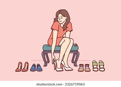 Shopaholic woman is trying on shoes in store choosing right high heels for going to party. Girl visitor of fashion boutique with shoes who loves shopping and wants to change wardrobe