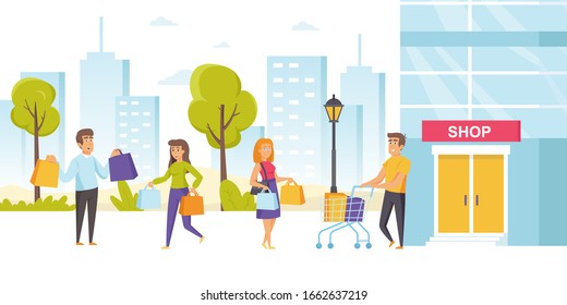 Shopaholics or consumers with shopping bags and carts outside of outlet shop, store, supermarket building. Customers or buyers with purchased sale products on street. Flat cartoon vector illustration.