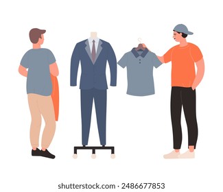 Shopaholics male characters buying clothes in store, guys standing near mannequin with suit vector illustration