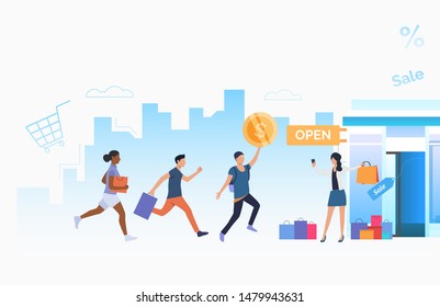 Shopaholics rushing to super discount. Male and female cartoon characters running to opened store. Vector illustration for placard, promotion, seasonal sale