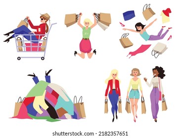 Shopaholics or shoppers characters carry shopping bags and buy many things, flat cartoon vector illustration isolated on white background. People can not stop buying.