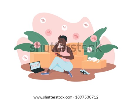 Shopaholism 2D vector web banner, poster. Bad habit, addiction to shopping. Shopaholic flat character on cartoon background. Female with debt on credit card printable patch, colorful web element