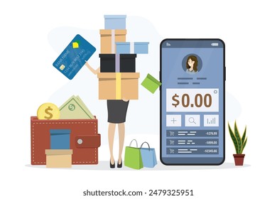 Shopaholism addiction. Faceless girl holds very much boxes after shopping. Psychological problem. Zero balance on mobile bank account. Woman with wallet spent all money from credit card on purchases.