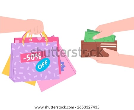 Shopaholism concept. Human hand holding different paper shop bags from sale. Buyer and seller concept, sale and discount time, vector background