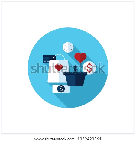 Shopaholism flat icon. Thoughtless spending money. Buying unnecessary things. Positive emotions.Mindful spending concept.Vector illustration