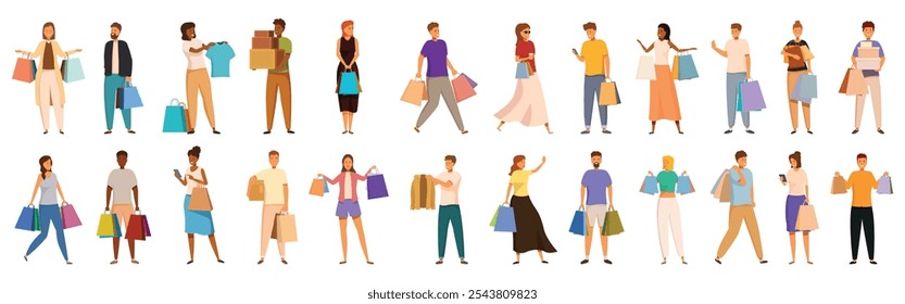 Shopaholism icons set. Diverse group of shoppers carrying colorful shopping bags and boxes, representing retail therapy, consumerism, and the joy of purchasing