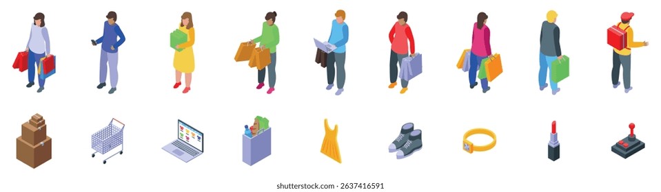 Shopaholism icons set. Shoppers carrying purchases, browsing online, and receiving delivery, depicted with various retail related isometric icons
