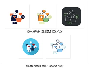 Shopaholism icons set. Thoughtless spending money. Buying unnecessary things. Positive emotions.Mindful spending.Collection of icons in linear, filled, color styles.Isolated vector illustrations