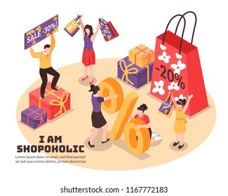 Shopaholism isometric composition joyful human characters with purchases with discounts in colorful packaging  vector illustration