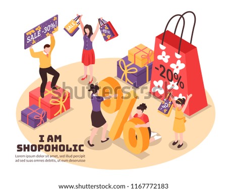 Shopaholism isometric composition joyful human characters with purchases with discounts in colorful packaging  vector illustration