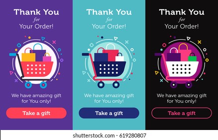 The shopcart full of purchases flat design banners with the trendy colors and background with the geometric elements, circles, lines, triangles. Thank you for your order concept.