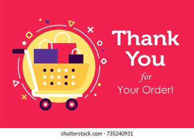 The shopcart full of purchases flat design banners with the trendy colors and backround with the geometric elements, circles, lines, triangles. Thank you for your order concept.