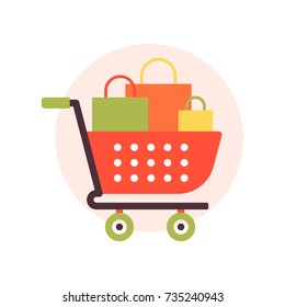The shopcart full of purchases flat design banners with the trendy colors and backround with the geometric elements, circles, lines, triangles. Thank you for your order concept.