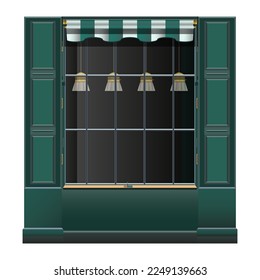 Paredes verdes frente a la tienda y grandes ventanas de estilo realista. Elementos del edificio exterior. Ilustración vectorial colorida aislada en fondo blanco.