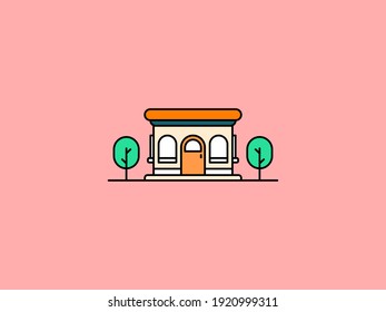 Shophouse building with unique flat roof isolated on color background. Front view. Architectural flat style vector illustration. 