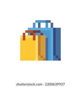 Shoping application. Red paper bag. Pixel art flat style. Icon for websites, web design, mobile app. 8-bit sprite. Isolated vector illustration. 