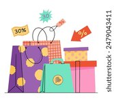 Shoping bag line art vector illustration. Paper hand bag color art vector illustration. 