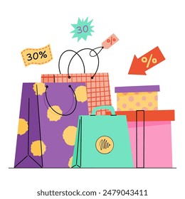 Shoping bag line art vector illustration. Paper hand bag color art vector illustration. 