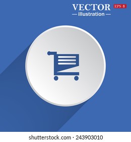 Shoping basket , white circle on a blue background with shadow. Vector illustration, EPS 8